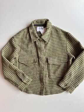 NWT Girls' ZARA Green Cotton Blend Cropped Utility Jacket, Size 13-14